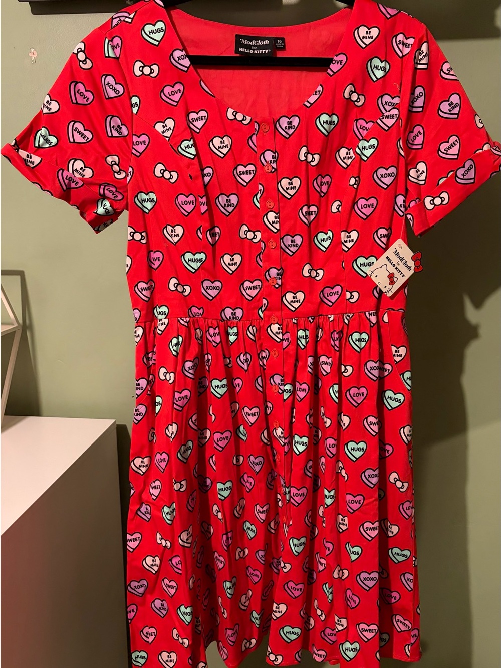 ModCloth Red Hello Kitty Heart Print Button-Front Dress